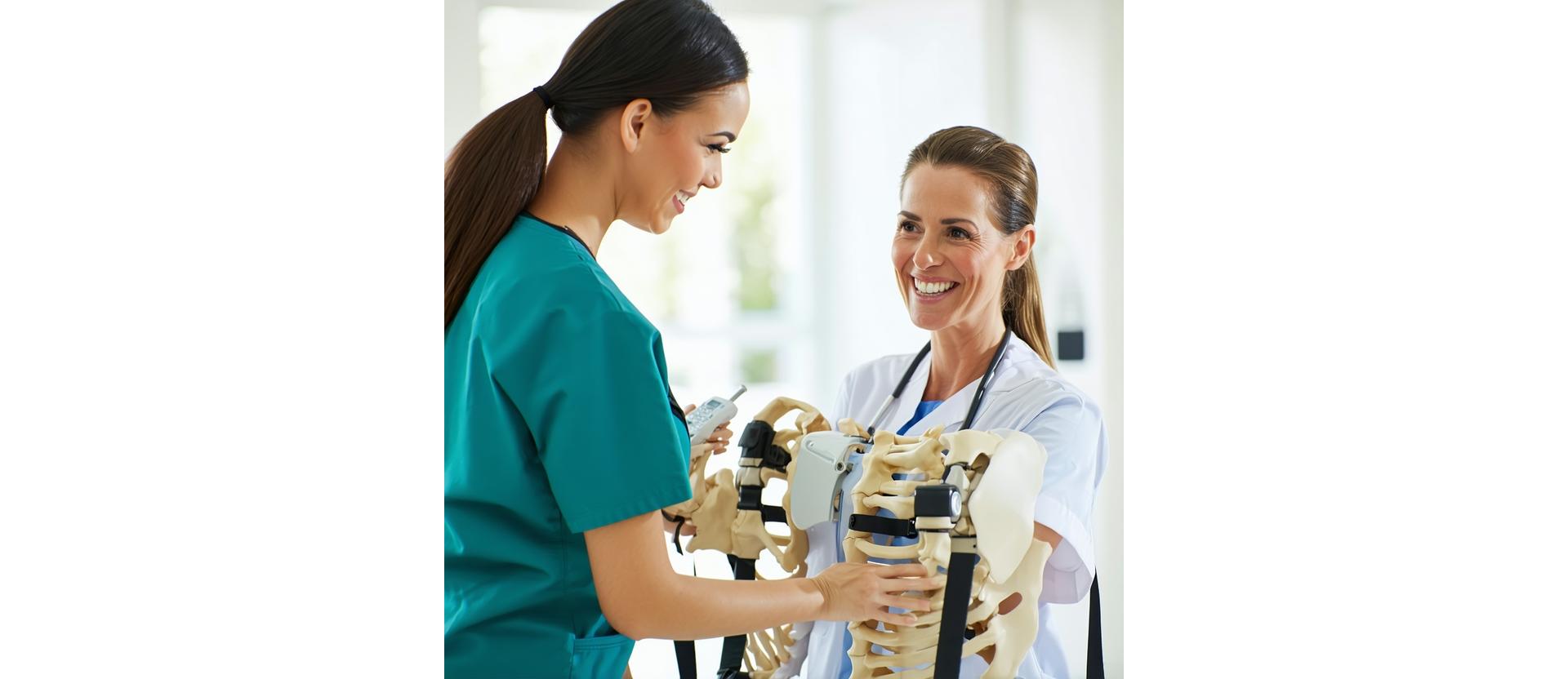 Paziente e fisioterapista sorridenti con dispositivo per la riabilitazione articolare